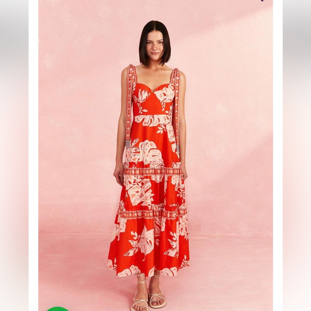 Farm Rio Red Lace Monsteras Midi Dress Size Small